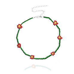 Зеленый лайм Ожерелья из стеклянных бус в виде цветка маргаритки в стиле бохо с цепочками на концах из сплава, зеленый лайм, 15.75 дюйм (40 см)