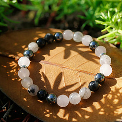 Смешанные камни Натуральные браслеты из турмалинированного кварца, лунного камня и круглых стеклянных бусин, эластичные, для женщин и мужчин., с синтетическим немагнитным гематитом, 6.89 дюйм (17.5 см)