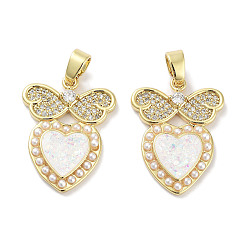 Бабочка Латунные микропаве прозрачные подвески с фианитом, без кадмия и без свинца, с синтетическим опалом и жемчугом из АБС-пластика, реальный 18 k позолоченный, сердце прелести, бабочка, 24x18x3 мм, отверстие : 5x3 мм
