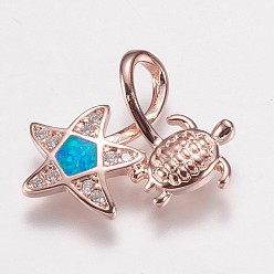 Темно-Голубой Латунные подвески, с синтетическим опалом, черепаха со звездой, розовое золото , глубокое синее небо, 16.5x19x6 мм, отверстие : 3x5 мм