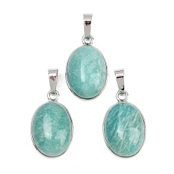 Платина Природные подвески амазонит, латунные овальные подвески с драгоценными камнями, стойки покрытие, долговечный, платина, 23.5x14.5x8 мм, отверстие : 8x5 мм