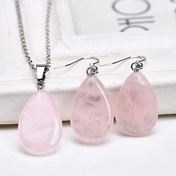 Розовый Кварц Комплекты из ожерелий и серег-подвесок из натурального розового кварца в форме капли, сплав ювелирных изделий, платина, 410 мм