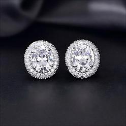 Clear Brass Micro Pave Cubic Zirconia Stud Earrings for Women, Oval, Platinum, Clear, 20x16.5mm