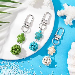 Synthetic Turquoise Synthetic Turquoise Beaded Round & Sea Turtle Pendant Decorations, with Alloy Swivel Clasps, 72~76.5mm, 3pcs/set