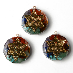 Star of David Плоские круглые подвески из эпоксидной смолы, с натуральным аметистом, лазуритом, содалитом, зеленым авантюрином, тигровым глазом, сердоликом и стружкой из красной яшмы внутри, и латунная наклейка, звезда давида узор, 39.5x35x10.5~11.5 мм, отверстие : 1.8 мм