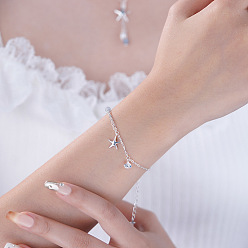 Серебро S925 браслеты с подвесками из стерлингового серебра с кубическим цирконием, морская звезда и форма раковины, с натуральным аквамарином и пресноводным жемчугом, серебряные, 6-1/4 дюйм (16 см)