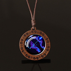 Стрелец Плоский круглый с двенадцатью созвездиями подвеска из синего стекла и дерева ожерелье из вощеной кожи шнур для женщин и мужчин, Стрелец, 16.93~33.86 дюйм (43~86 см)