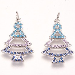 Платина Латунные микро проложить кубического циркония подвески, рождественская елка, красочный, платина, 22x15x2 мм, отверстие : 3 мм