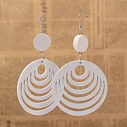 Белый Элегантная мода плоские круглые деревянные болтаться серьги, с платиновым покрытием серьги железа крючки, белые, 90 мм , штифт: 0.8 мм