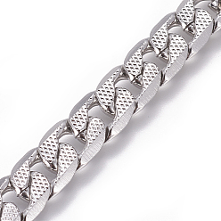 Stainless Steel Color Tarnish Resistant 304 Stainless Steel Cuban Link Chains, Chunky Curb Chains, Twisted Chains, Unwelded, Textured, Stainless Steel Color, 10mm, Links: 14x10x2.5mm