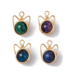Light Gold 4 шт 4 цвета натуральный тигровый глаз окрашенные круглые бусины подвески, подвески в виде головы котенка с кошачьими ушками из медной проволоки, разноцветные, золотой свет, 16x12x8.5 мм, отверстие : 1.6 мм, 1 шт / цвет