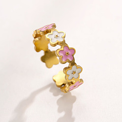 Pink 304 Открытые кольца-манжеты из нержавеющей стали с эмалью для женщин, цветок, золотые, розовые, внутренний диаметр: 15~20 мм