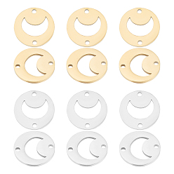 Golden & Stainless Steel Color 12Pcs 2 Colors 201 Stainless Steel Links Connectors, Cut, Flat Round with Moon, Golden & Stainless Steel Color, 13x1mm, Hole: 1.2mm, 6pcs/color