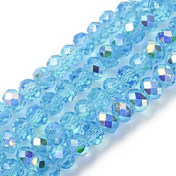Светло-Голубой Гальванизируйте прозрачное стекло бисер нитей, рондель, с покрытием AB цвета, с половиным покрытием, граненые, Небесно-голубой, 4x3 мм, отверстие : 1 мм, около 145~148 шт / нитка, 17.83~18.31'' (45.3~46.5 см)