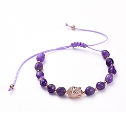 Amethyst Adjustable Nylon Thread Braided Bead Bracelets, with Natural Amethyst Beads and Brass Beads, Buddha Head, Inner Diameter: 1-3/4 inch~3-3/4 inch(4.5~9.5cm)
