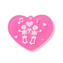 Ярко-Розовый Акриловые подвески с принтом на хэллоуин, сердце с рисунком черепа, ярко-розовый, 36.5x29.5x2.5 мм, отверстие : 1.8 мм