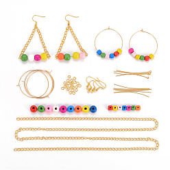Mixed Color DIY Earrings Making, with Wood Beads, Brass Jump Rings, Eye Pins, Head Pins, Earring Hooks, Iron Twisted Chains, 304 Stainless Steel Wine Glass Charms Rings, Golden, Mixed Color