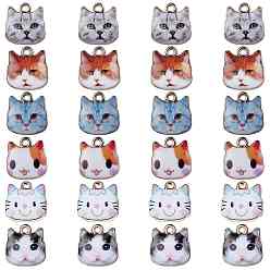 Mixed Color Light Gold Plated Alloy Enamel Charms, Cat, Mixed Color, 13.5x12.5x2.5mm, Hole: 1.5mm, 24pcs/box