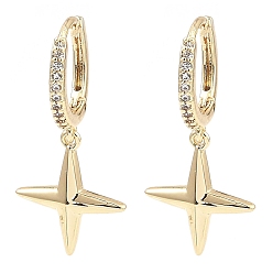 Light Gold Brass with Cubic Zirconia Dangle Hoop Earrings, Star, Light Gold, 24x11.5mm