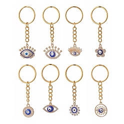 Mixed Shapes Evil Eye Enamel Rhinestone Keychain, with Alloy Findings, Flower/Flat Round/Eye
, 7.2cm, 8pcs/set