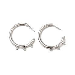 Real Platinum Plated Ring Brass Stud Earring Findings, Cadmium Free & Nickel Free & Lead Free, Half Hoop Earring Finding with Loops, Real Platinum Plated, 30x33x3mm, Hole: 1.8mm, Pin: 10x0.8mm