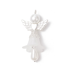 Серебро Подвески матовым акриловым, ангел, с фурнитурой из сплава и стеклянными жемчужными бусинами, серебряные, 41x21.5x17.5 мм, отверстие : 2.8 мм