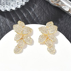 Настоящее золото 18K Серьги-гвоздики из латуни с прозрачными кубическими циркониями, лист, реальный 18 k позолоченный, 33x18 мм