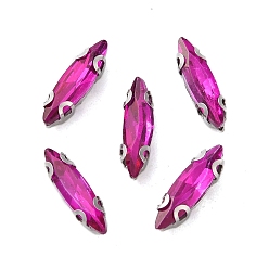 Темно-Розовый Конский глаз пришить стразами, многожильных ссылки, стекло горный хрусталь, с настройками зубцов из нержавеющей стали, аксессуары для одежды, граненые, темно-розовыми, 11x3x3.2 мм, отверстие : 0.8 мм