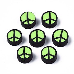 Lime Green Handmade Polymer Clay Beads, Flat Round with Peace Sign, Lime Green, 9~10x4.5mm, Hole: 1.6mm
