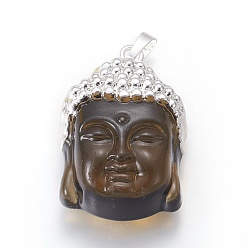 Верблюжий Стеклянные подвески, с латунной фурнитурой , Голова Будды, серебряный цвет гальваническим, верблюжие, 40x26.5x16.5 мм, отверстие : 5x8 мм