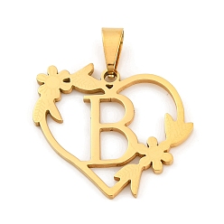 Letter B Ионное покрытие (ip) 201 подвески из нержавеющей стали, сердце с подвесками в виде букв, золотые, В письме, 23x25x1.5 мм, отверстие : 7.5x3.5 мм
