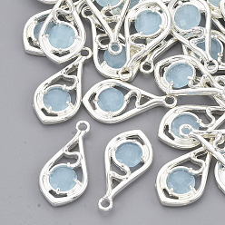 Sky Blue Faceted Glass Pendants, with Eco-Friendly Alloy Open Back Settings, Nickel Free, Teardrop, Silver Color Plated, Sky Blue, 21x11x3.5mm, Hole: 1.6mm