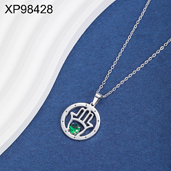 Hamsa Hand 304 Подвеска-колье из нержавеющей стали с зелеными кубическими циркониями, выполненная в технике ажурной инкрустации, для женщин., цвет нержавеющей стали, хамса рука, 17.72 дюйм (45 см), Кулон : 22 мм