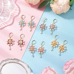 (52) Непрозрачная лаванда Цветок с крестом 304 серьги из нержавеющей стали стеклянные семена серьги с застежкой-молнией, золотые, разноцветные, 49x20.5 мм