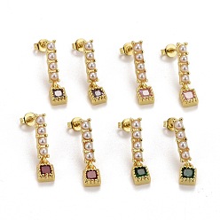 Mixed Color Rack Plating Brass Micro Pave Cubic Zirconia Stud Earrings, with Plastic Imitation Pearls, Long-Lasting Golden, Lead Free & Cadmium Free, Rectangle with Square, Mixed Color, 21.5x3.5~5mm, Pin: 0.7mm
