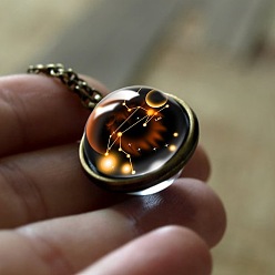 Лео Двойное стекло круг с подвеской в виде созвездия сплав цепи ожерелья, античная бронза, Лев, 17.72~19.69 дюйм (45~50 см)