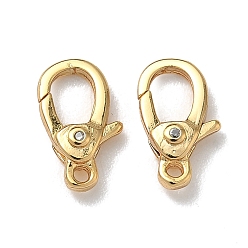 Настоящее золото 18K Плоские круглые застежки-лобстеры с микропаве из прозрачного кубического циркония из латуни, без никеля , реальный 18 k позолоченный, 11x6x3 мм, отверстие : 1.2 мм