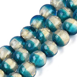Dark Cyan Handmade Lampwork with Gold Powder Beads Strands, Round, Dark Cyan, 10~11mm, Hole: 1~1.4mm, about 40pcs/strand, 15.35~15.55 inch(39~39.5cm)