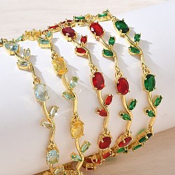 Color mezclado Pulseras de eslabones de flores de latón y cristal, chapado en rack, larga duración plateado, sin plomo y el cadmio, real 18 k chapado en oro, color mezclado, 8.11 pulgada (20.6 cm)