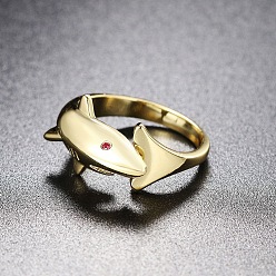 Golden Brass Rhinestone Cuff Open Rings, Shark, Golden, 15~20mm