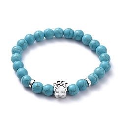 Синтетическая Бирюза Синтетические бирюзовые бусы стрейч браслеты, с европейскими бусинами из цинкового сплава и латунными проставками, собака отпечатки лап, 2-1/8 дюйм (55 мм)