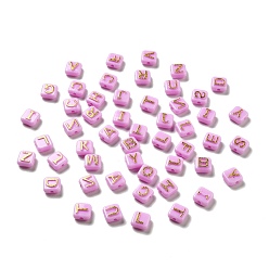 Violet Plating Acrylic Beads, Golden Metal Enlaced, Horizontal Hole, Square with Random Letter, Violet, 9.5x9.5x5mm, Hole: 2mm