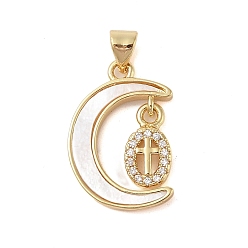 Cross Brass Micro Pave Clear Cubic Zirconia Pendants, with Shell, Cadmium Free & Lead Free, Moon, Real 18K Gold Plated, Cross, 21.5x15x3mm, Hole: 4x3.5mm