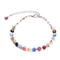 Разноцветный Ручной Millefiori бисер браслеты, со стеклянными бусинами и застежками-клешнями из цинкового сплава, красочный, 9-1/4 дюйм (23.5 см)