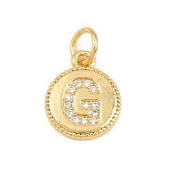 Letter G Breloques en laiton zircon cubique transparent, rond plat avec breloques en forme de lettre, plaqué longue durée, sans plomb et sans cadmium, crémaillère plaquage, réel 18 k plaqué or, lettre g, 12.5x10x1.5mm, Trou: 3mm