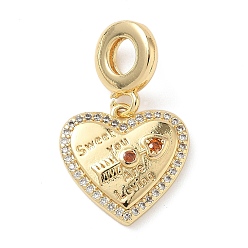 Оранжево-Красный Латунь микропаве прозрачный кубический цирконий европейские подвески с подвесками, Сердцевые серьги с отверстиями, реальный 18 k позолоченный, оранжево-красный, 28 мм, отверстие : 4.8 мм