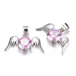 Бледно-Розовый Латунь кубический цирконий кулон, ангельские крылья, платина, розовый жемчуг, 11.5x21x5 мм, отверстие : 4x5 мм