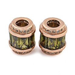 Светло-зеленый Коричневый Реечное покрытие латунь микро паве кубический цирконий европейские бусины, долговечный, без свинца и без кадмия, колонка, розовое золото , оливковый, 11.5x10 мм, отверстие : 4.5 мм