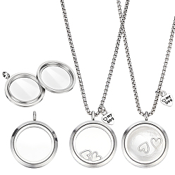 Stainless Steel Color 2Pcs Alloy Glass Flat Round Pet Fur Keepsake Locket Pendant 304 Stainless Steel Box Chain Necklaces, with My Dog Heart Charms, Stainless Steel Color, 23.78 inch(60.4cm)