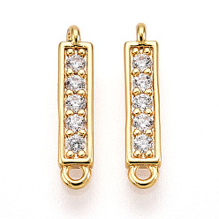 Настоящее золото 18K Шармы-соединители из латуни с микропаве из прозрачного кубического циркония, прямоугольник ссылки, без свинца, без никеля и без кадмия, реальный 18 k позолоченный, 3x13x2 мм, отверстие : 0.9 мм
